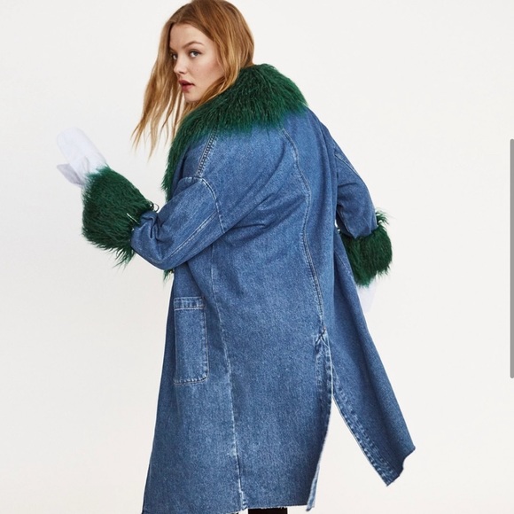 Zara Denim Coat With Removable Green Faux Fur - Picture 1 of 12